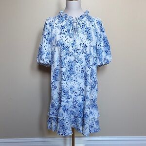 Sugarlips Blue & White Floral Ruffle Tiered Mini Dress Puff Sleeve Size M